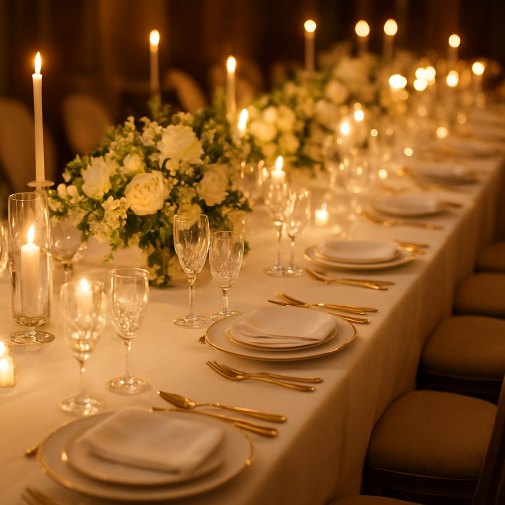 Beautifully set formal banquet dinner table