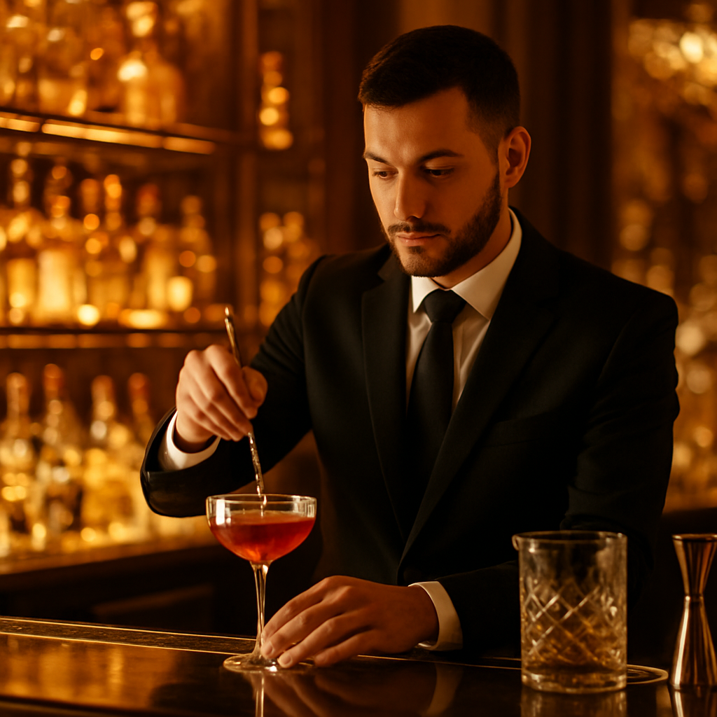 Bartender mixing a craft cocktail at an event bar