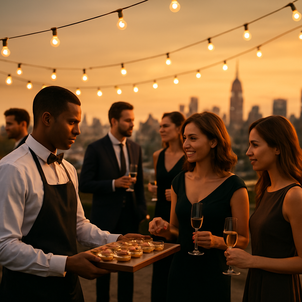 Outdoor rooftop event with string lights in New York